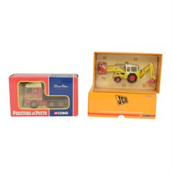 Five 1:50 scale diecast models, comprising Universal Hobbies Collectors Edition Renault Truck and four Corgi examples, including Hauliers of Renown CC13711 Scania R Series Bulk Tipper James Innes & Son, Limited Edition Prestons of Potto, CC12420 Volvo FH Globetrotter Fridge Trailer Scotlee Transport and CC15102 JCB 3C MkI, all boxed