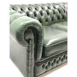 Three seat Chesterfield sofa upholstered in deeply buttoned green leather, W200cm