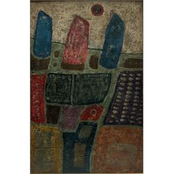 John Christopherson (British 1921-1996): 'Landscape with Black Sun', textured oil on board, inscribed titled and dated 23rd May 1962 with artist's address labels verso 45cm x 30cm