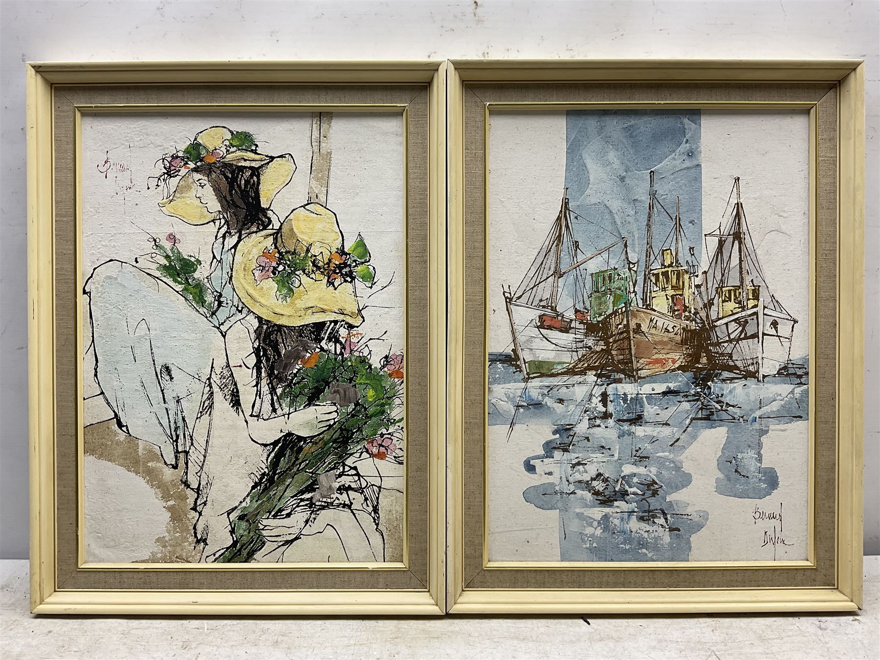 Bernard Dufour (French 1922-2016): Two Ladies in Hats and Boats Moored, pair oils on canvas board signed 44cm x 31cm (2)