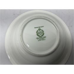 Minton Spring Bouquet pattern dinner and tea service, comprising dinner plates, twin handled tureens with covers, meat platter, teapot, milk jug, sugar bowl with cover, tea cups and saucers, bowls, cake plate, side plates, dessert plates, etc all with printed mark beneath (82)