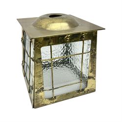 Arts & Crafts style brass porchlight/lantern shade, of square tapering form, with four mottled glass panels, H17cm