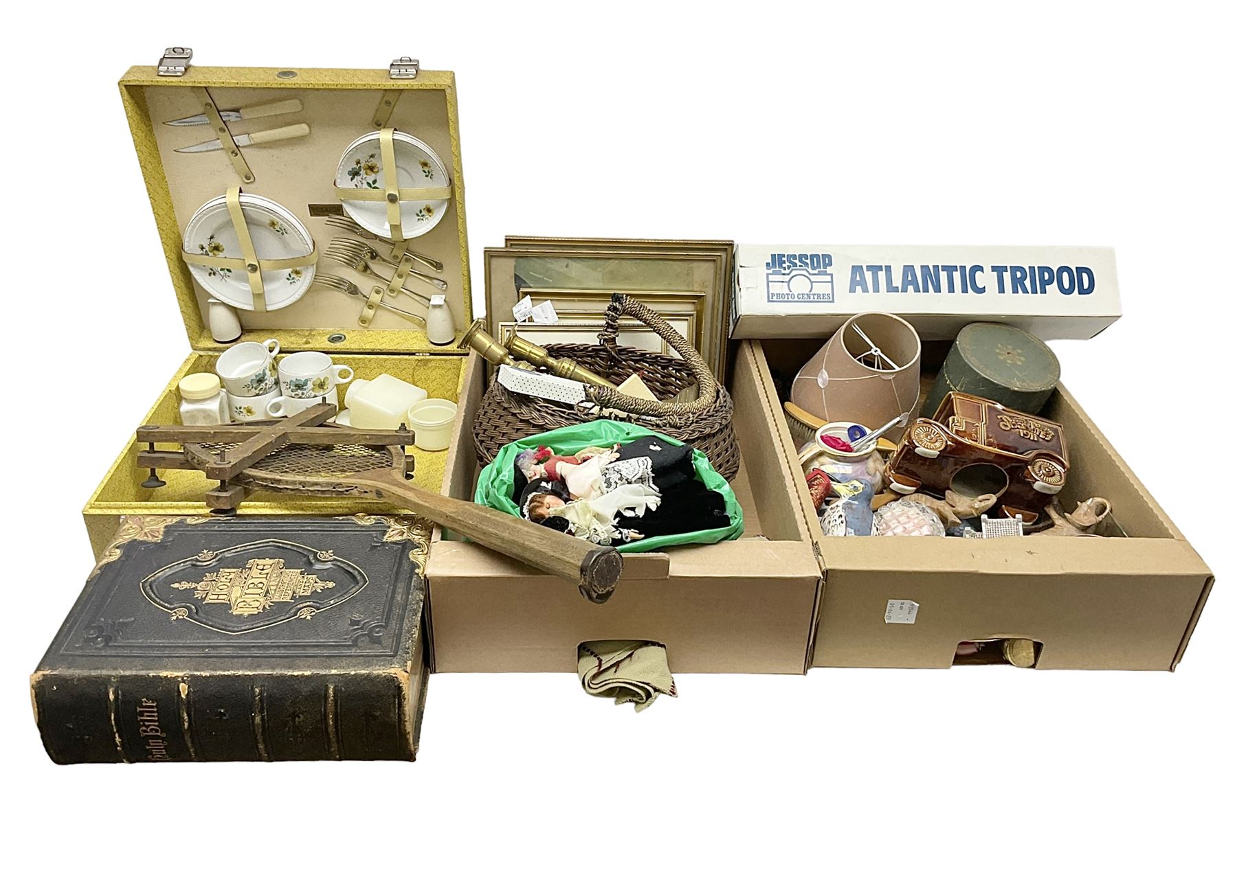 The National Comprehensive Family Bible, coloured and black and white plates, together with Jessop Atlantic tripod, brass candlestick and other collectables, in three boxes 