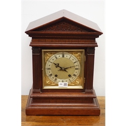  Edwardian mahogany architectural cased bracket clock with Roman dial, twin train brass movement stamped W & H. SCh striking the quarter hours on two gongs, H41cm  