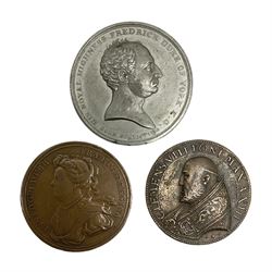 Three Medallions, comprising, white metal medallion commemorating the death of the Duke of York, 1827, by J. Ottley, bronze medallion for the coronation of Queen Anne and Prince George of Denmark, 1702, by John Croker and bronze medallion commemorating Pope Clemens VIII, 1598 (3)