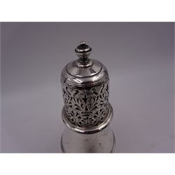 1920s silver sugar caster, of typical waisted form, the cover with pierced foliate and floral decoration and urn finial, upon a spreading circular foot, hallmarked Charles Perry & Co, Chester 1929, H17.5cm
