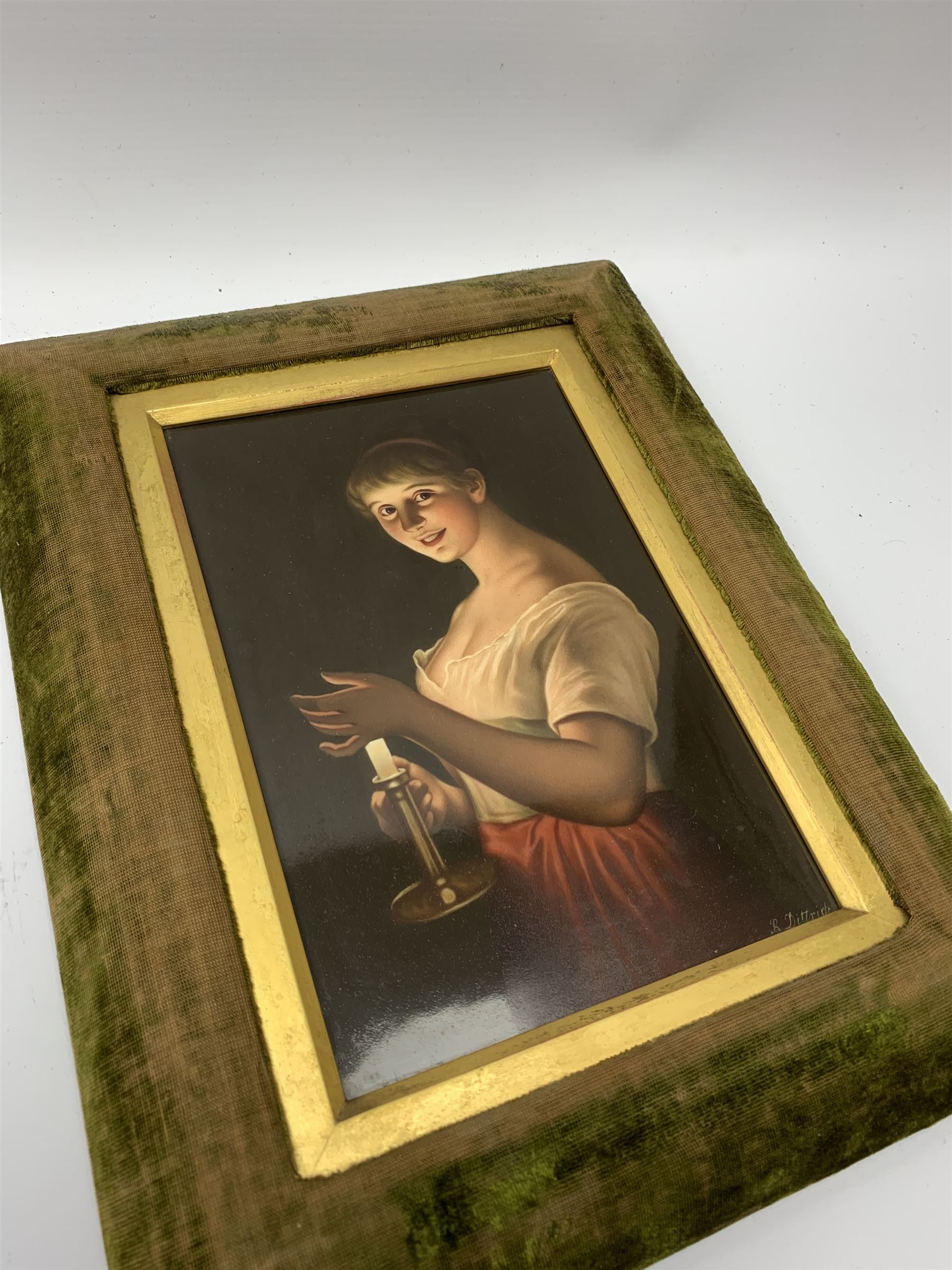 19th century KPM Berlin porcelain plaque, titled 'Gute Nacht' (Good Night), painted with a young girl holding a chamber stick and illuminated by the candlelight, signed lower right R Dittrich, impressed KPM marks verso and numbered, also marked with Beehive mark, titled and inscribed in pencil, in plush frame, plaque H23cm W16cm, overall H34cm W26.5cm

