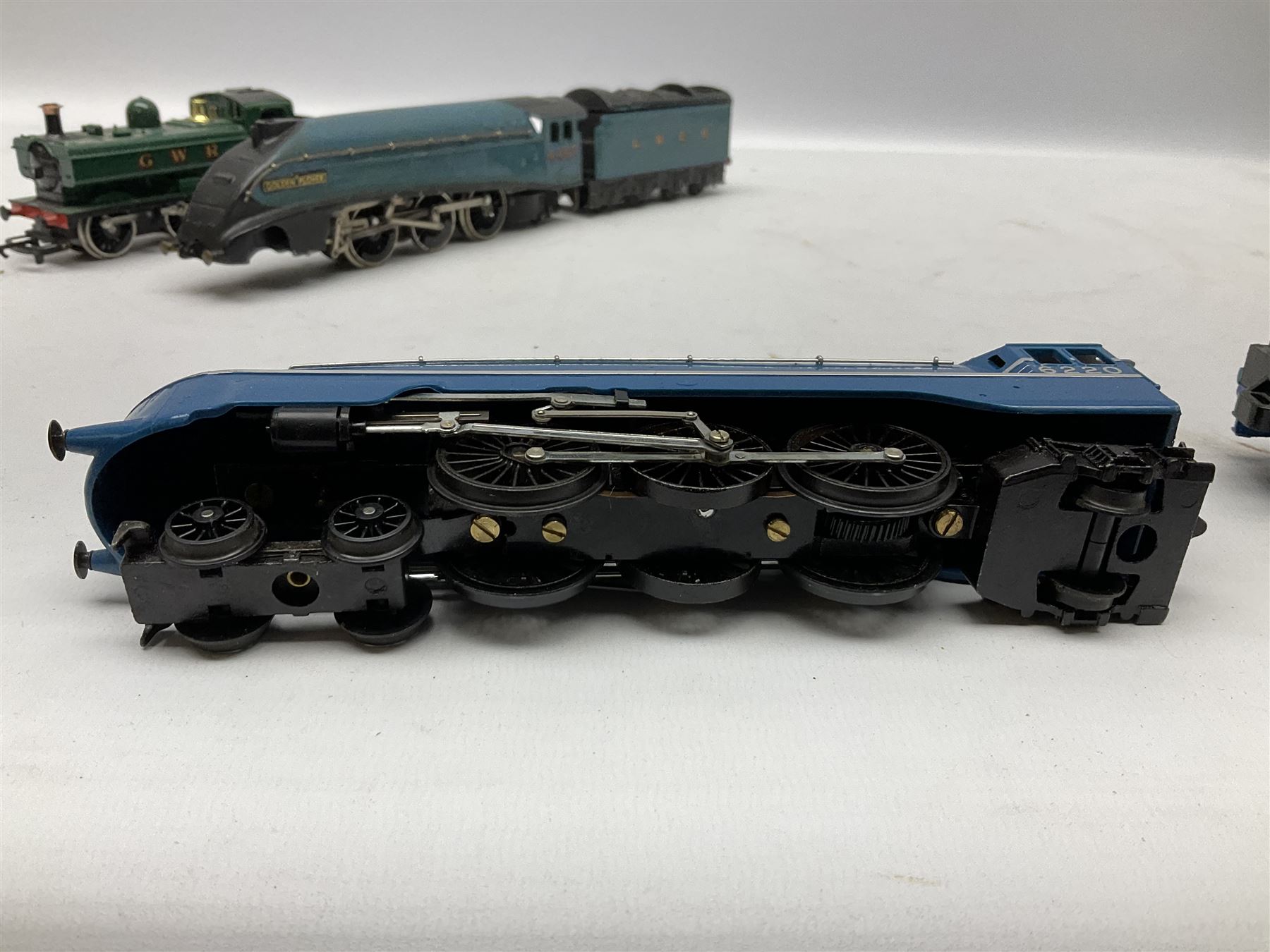 Tri-ang Hornby '00' gauge - Coronation Class 4-6-2 locomotive 'Coronation' No.6220 in LMS blue/silver livery with 'Alternative Names & Numbers' pack in box base with plain slip case; and Class 57XX 0-6-0 Pannier Tank locomotive No.8751; boxed; together with an incomplete and repainted Hornby Dublo Class A4 4-6-2 locomotive 'Golden Plover' No.4497 in associated box (3)