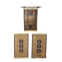 Caucasian two small rugs and one wall hanging rug, rugs (W 69cm L 148cm) wall hanger (W 12...