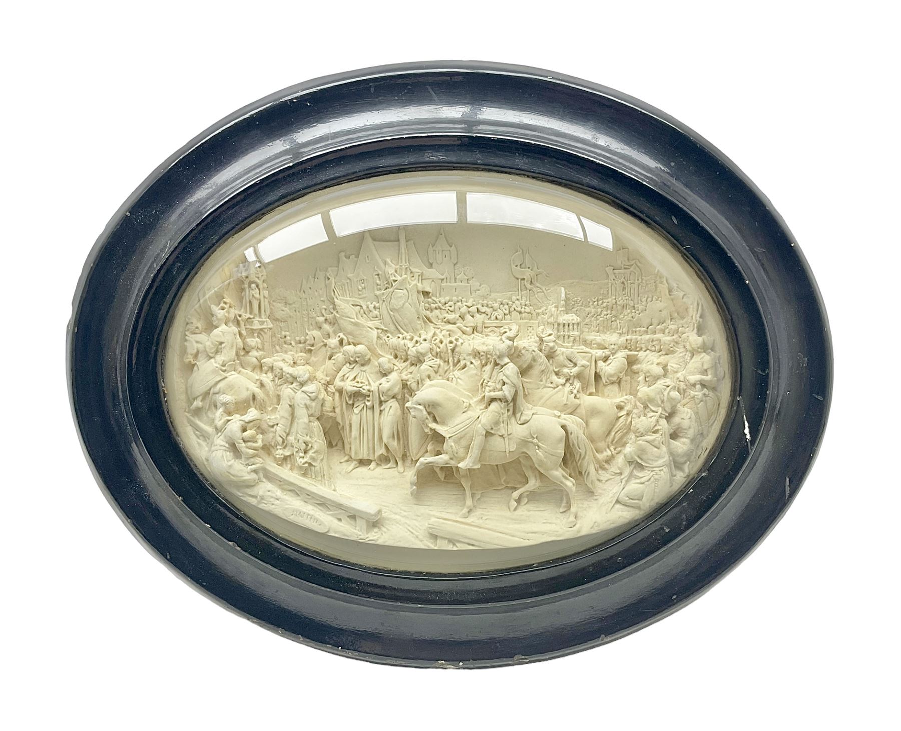 Justin Mathieu; oval high relief plaque depicting a battle scene, within frame H36cm