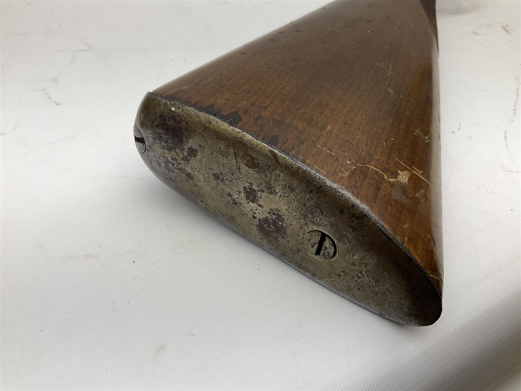 19th century 13-bore double barrel side-by-side percussion cap shotgun, the 72cm stub twist damascus barrels with ramrod under, walnut stock with chequered grip L117.5cm overall