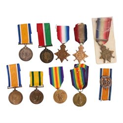 WWI British group of nine medals and silver war badge, including bronze War medal, 1914 St...