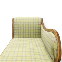  19th century scumbled oak chaise longue upholstered in tartan fabric, swept frame with gilt mounts, studded border with loose base cushion, raised on turned bobbin supports terminating brass castors
