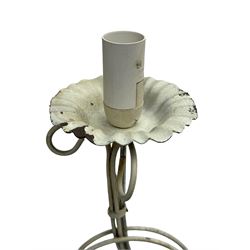 India Jane Interiors - six branch metal chandelier, the scrolled crown over circular bulbous body with six projecting branches, decorated with scroll work and glass pendants, in distressed white paint finish - ex-display/bankruptcy stock 