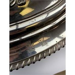 Matthew Boulton silver plated tureen and cover, the body of oval form with twin handles engraved with crest, probably for Whitgreave/Whitgrave family of Moseley Staffordshire, 'Regem Defendere Victum', (To defend the king even in his defeat/To defend the conquered king ), upon four paw feet, the cover with gadrooned rim and foliate loop handle 