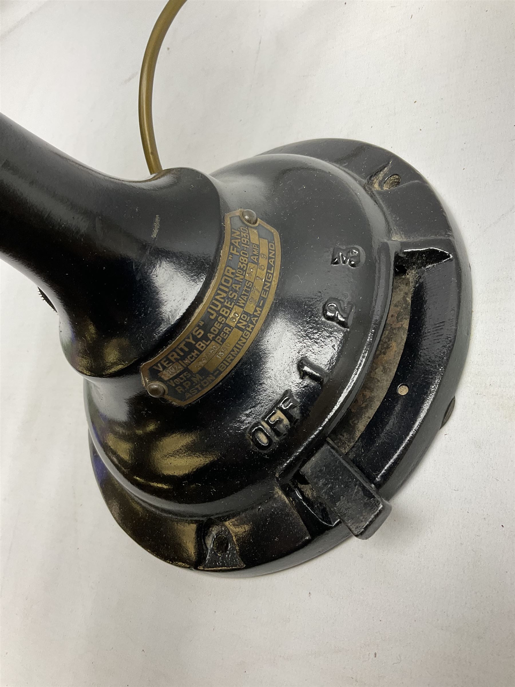 1930s Art Deco cast iron and brass Verity's Junior electric table fan, no 27159, H45cm