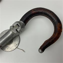 Early 20th century curved horn handle walking stick with hallmarked silver mounts, engraved L Russell 1918, together with a shooting stick by William Mills Birmingham, with leather handle, 'The Featherwaite' shooting stick and an umbrella with wooden handle