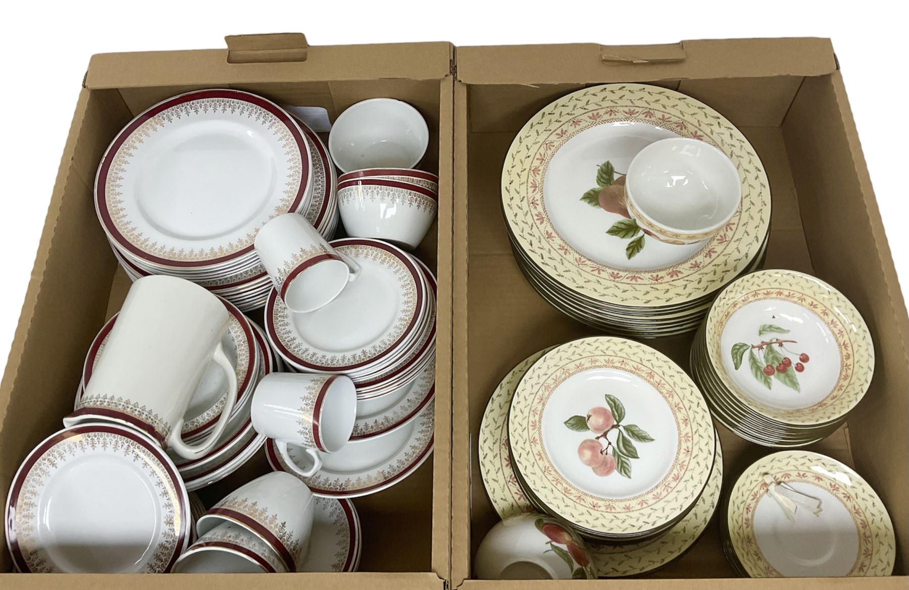 Johnson Bros part dinner service decorated with fruit, together with an Alfred Meakin part tea and dinner service, in two boxes 
