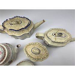 Two19th century relief moulded Castleford teapots, and lidded sucrier, largest teapot H14.5cm, together with three 18th century New Hall type teapots, an early 18th century saucer, and an 18th century blue and white bowl.