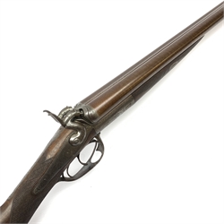 19th century J. Morrell of London 12-bore side-by-side double barrel hammer shotgun with Purdy thumbhole lever opening and back action lock, walnut stock and 76cm damascus barrels, No.1868, L119cm overall SHOTGUN CERTIFICATE REQUIRED
