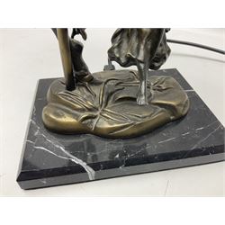 Art Nouveau style lamp in the form of a woman on a swing, with a green mottled shade, upon a marble base H52cm