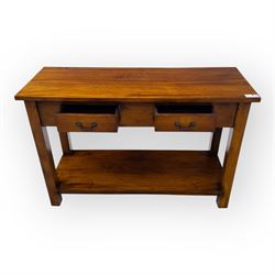Contemporary console hardwood side table, with rectangular top and two drawers fitted with brass handles, on square legs joined by full-length lower shelf