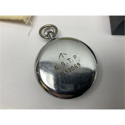 Cyma Military issue pocket keyless lever pocket watch, the back case engraved '^ G.S.T.P. M59069', together with one other pocket watch and chain, a pair of silver pearl stud earrings and five silver pendants/charms including ragdoll and clown