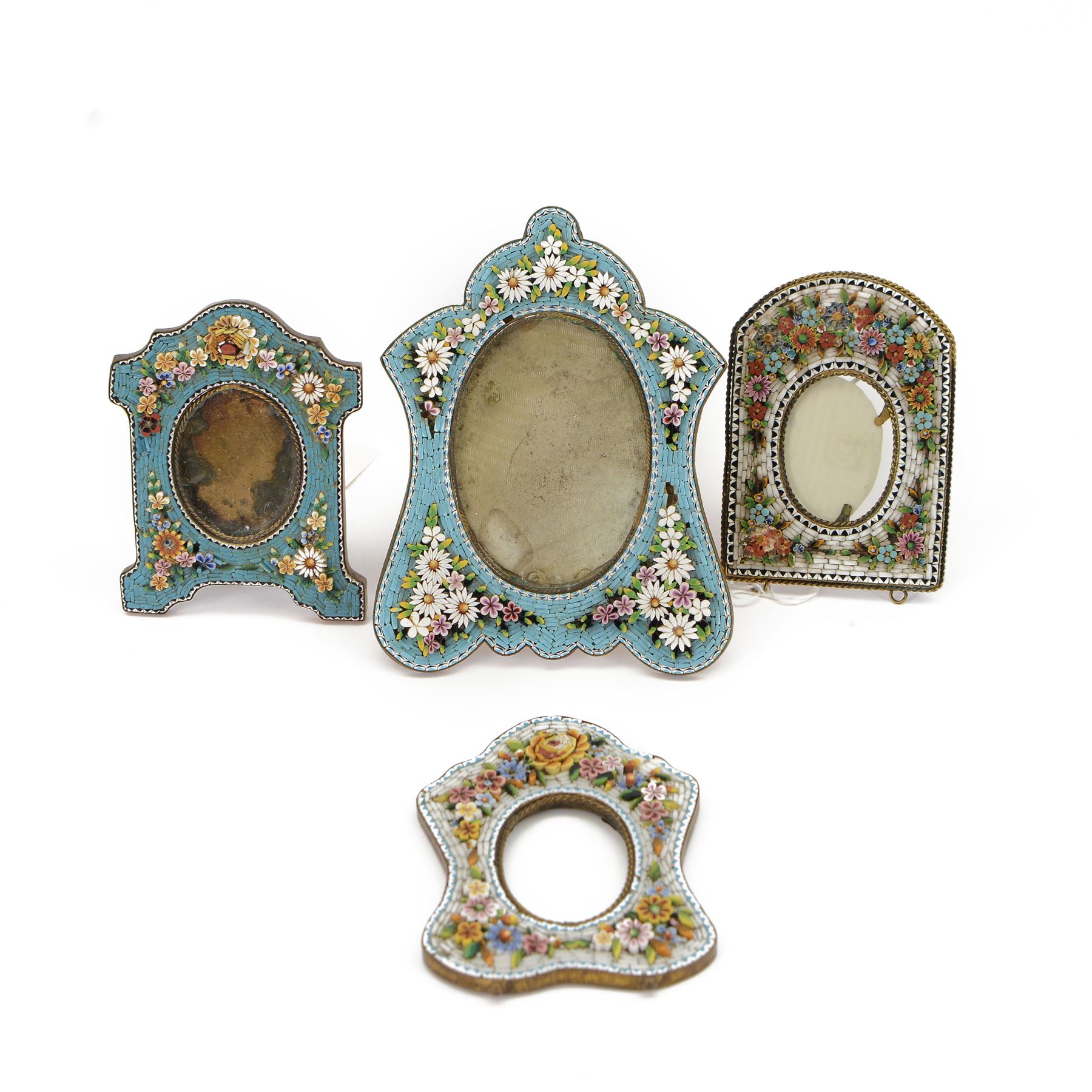 Four micro mosaic picture frames, decorated with flowers, largest H13cm  