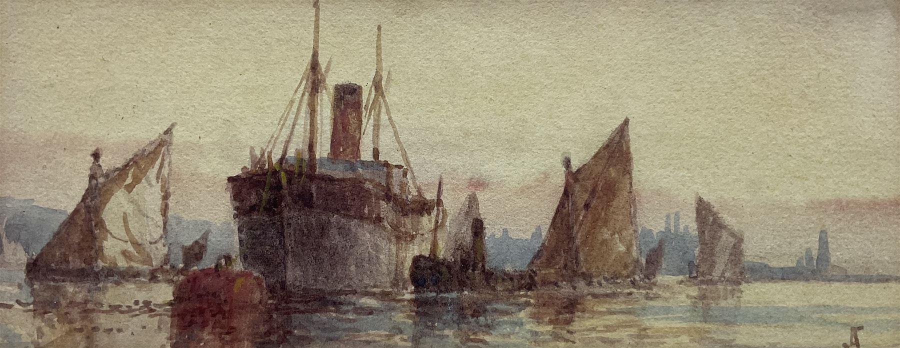 Frederick James Aldridge (British 1850-1933): Ships Moored at Sunset, watercolour signed with monogram 7cm x 17cm