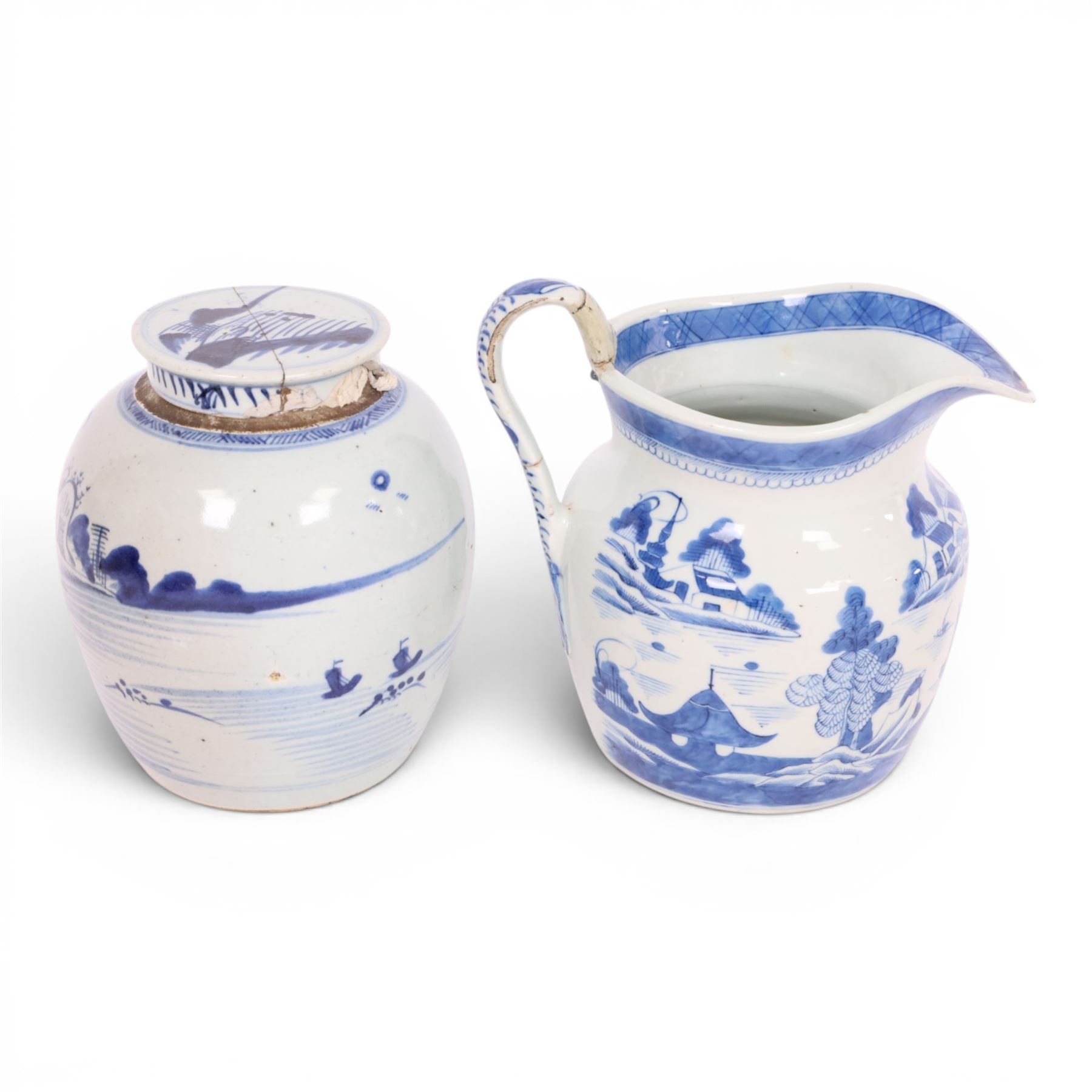 19th-century Chinese Export ginger jar,  decorated with landscape with pagodas, together with Chinese export jug, with similar decoration, jug H22cm 
