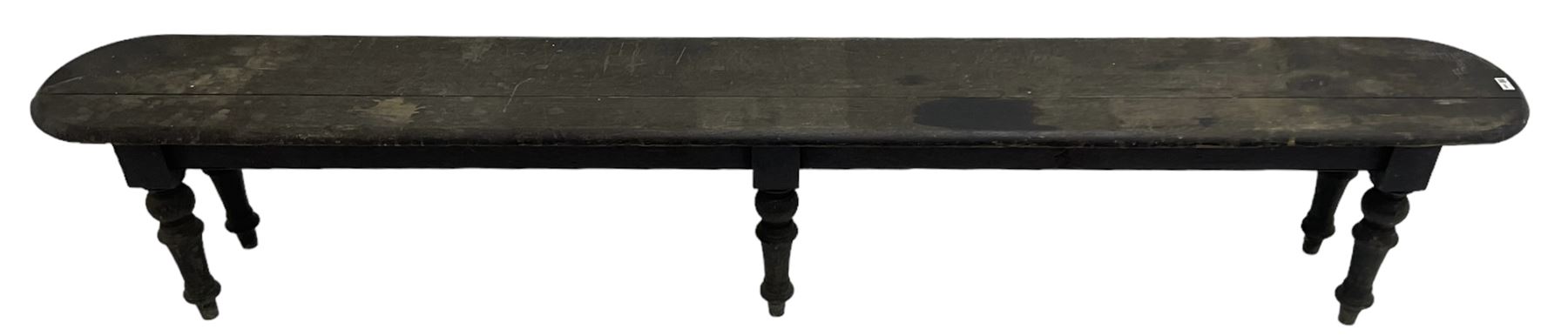 Large 19th century stained oak 9' hall bench, rectangular seat with rounded ends on turned supports