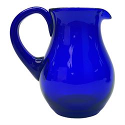 19th century Bristol blue glass jug, the baluster body with simple loop handle, together with a double lipped rinser, jug H14cm