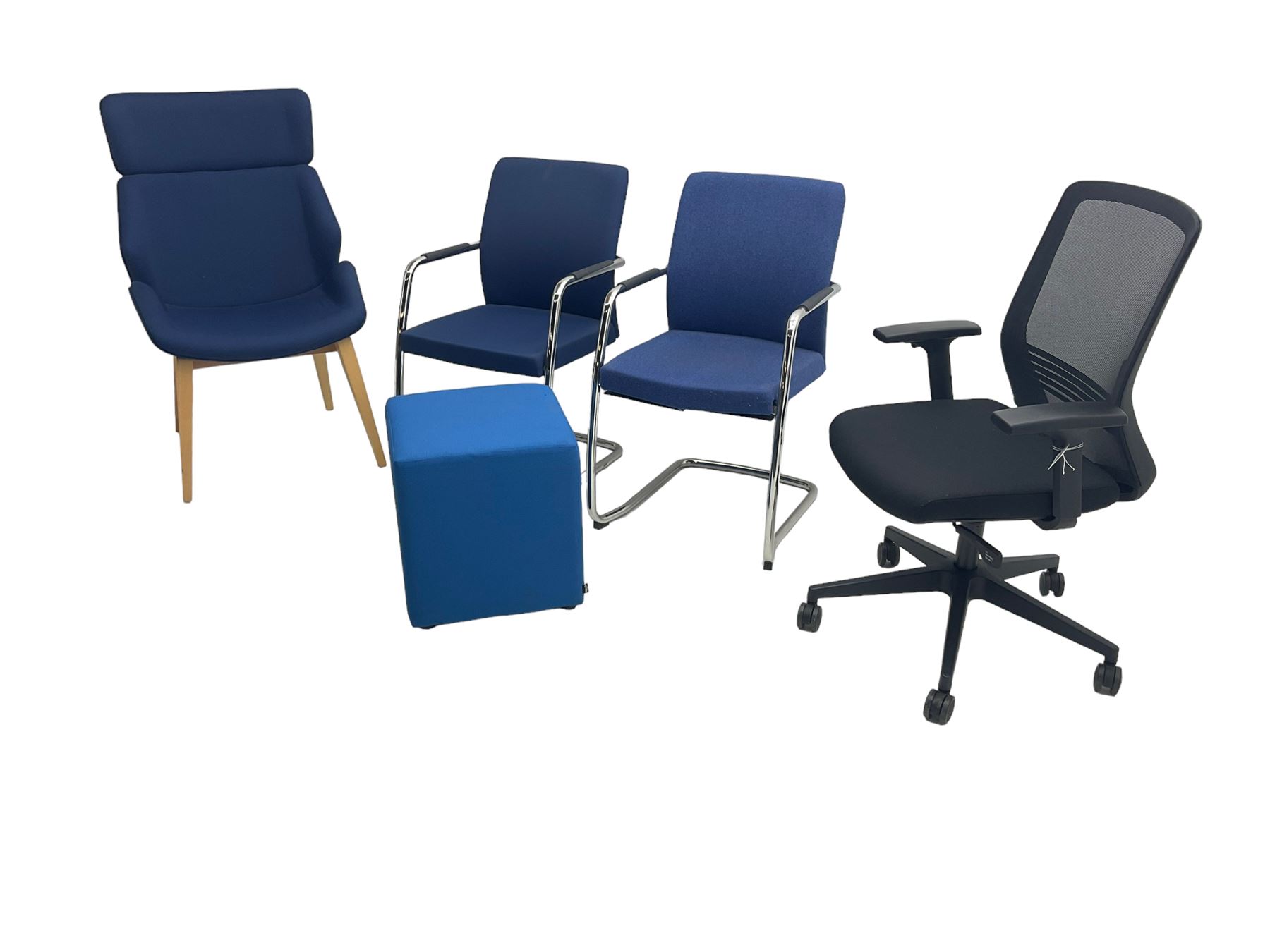 Elite - black office swivel chair (W61cm H98cm); together with Elite - pair office armchairs and high back office chair, upholstered in navy blue; and office cube