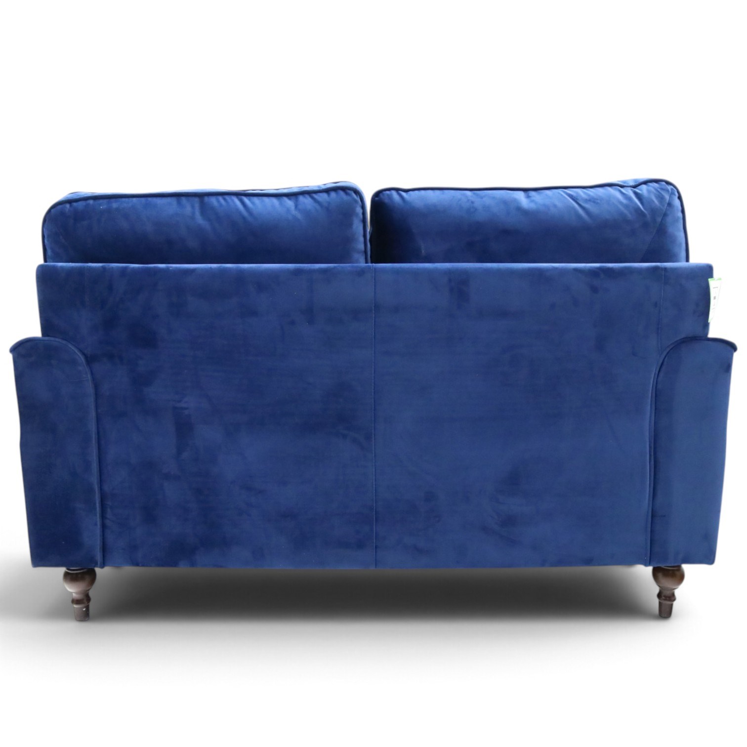 Howard design - two-seat sofa upholstered in blue fabric, traditional shape with rolled arms, on walnut finish turned feet with brushed metal cups and castors