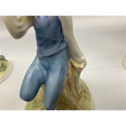 Seven Royal Doulton figures from the Nursery Rhymes Collection comprising, Tom Tom, the piper's son HN3032, Little Jack Horner HN3034, Wee Willie Winkie HN3031, Polly, put the kettle on HN3021, Little Bo-peep HN3030, Little Boy Blue HN3035, Little Miss Muffet HN2727, together with two Royal Doulton Mary had a little lamb figures HN2048 and COPR1948, all with printed marks beneath  