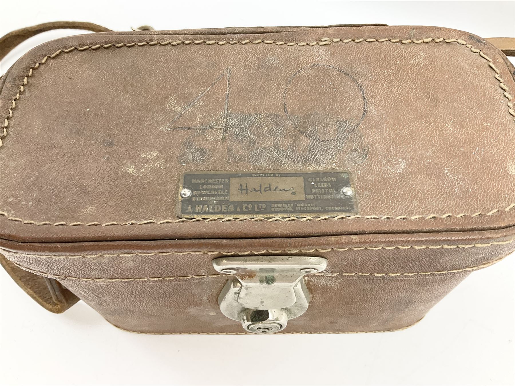 Black finished monocular microscope by Prior London No. 17372,  with pitchfork base and rack and pinion focusing, in original fitted wooden case with additional lenses, H32cm, together with Watts dumpy level, no. 116249, in a leather case