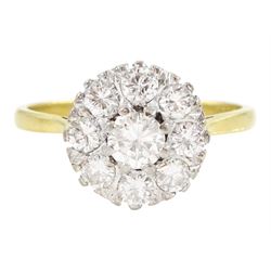 Gold round brilliant cut diamond cluster ring, stamped 18ct Plat, total diamond weight app...