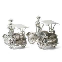 Two white metal tuk tuk or rickshaw models, larger H15cm (2)