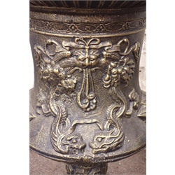 Large bronze finish cast iron garden urn, decorated with foliage swags and dolphins, swirled circular base, H120cm, D72cm  