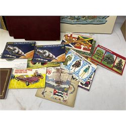 Set of four framed coloured prints humorous fire brigade related, after Chris Reynolds, together with Brooke bond picture cards, to include Asian wild life, the race into space, travel through the ages etc