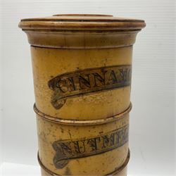 19th century treen five tier spice tower, the tiers labelled Cinnamon, Nutmeg, Ginger, Cloves and All-spice, screw down thread compartments, H27cm