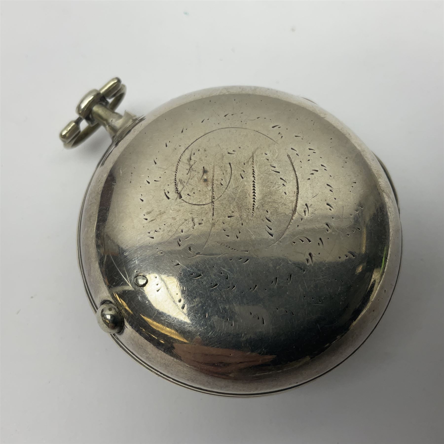 George III silver pair cased verge fusee pocket watch by Harry Niblett, Dorking, No. 5991, white enamel dial with Arabic numerals and outer minute ring, case makers mark TG, London 1787 