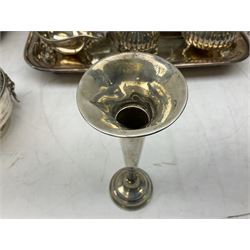 Early 20th century hallmarked silver trumpet vase stamped J & R Griffin (Joseph & Richard Griffin), Chester 1917, with weighted base, together with a 19th century silver-plate biscuit barrel by JK&Co, ornately engraved throughout, John Round & Son silver plated twin handled cup, and other silver plated and other metal ware to include ornate teapots, tray etc