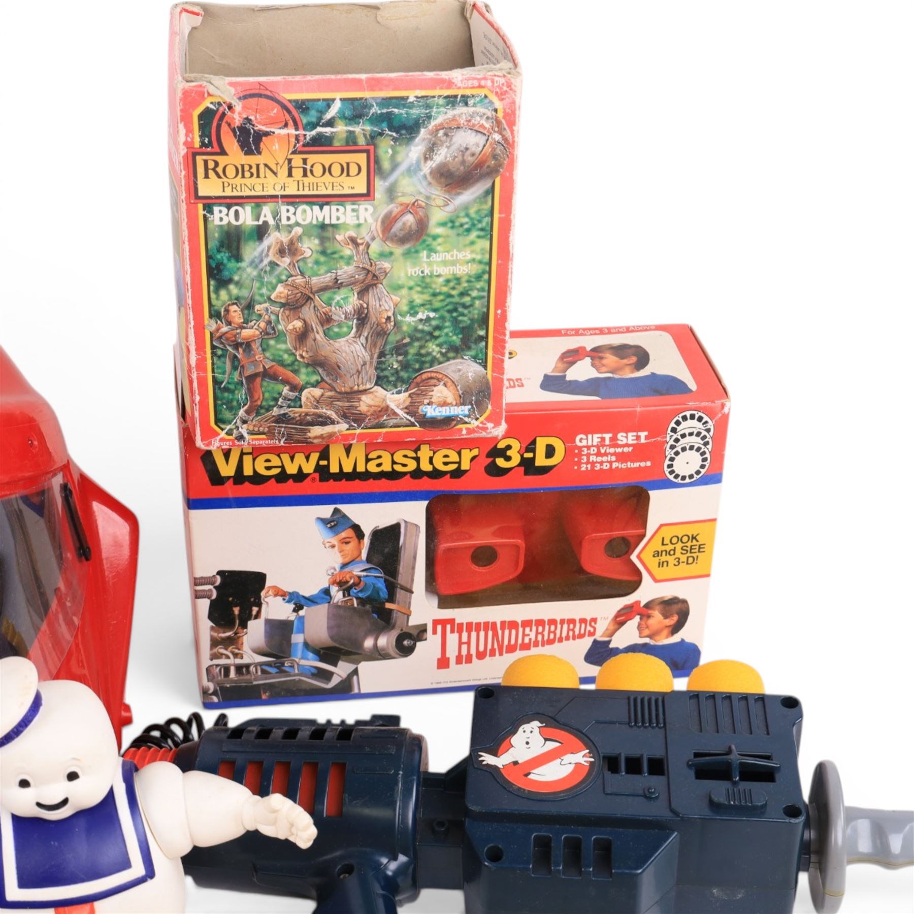 1980s toys, including Kenner The Real Ghostbusters Ghost Popper, Kenner Ghostbusters Stay Puft Marshmallow Man, boxed Kenner Robin Hood Prince of Thieves Bola Bomber, boxed Tyco Thunderbirds View Master 3D gift set, Planet of the Apes and Terrahawks Viewmaster slides, Proton Warrior Battle Game and a Knight Rider Comtron lorry
