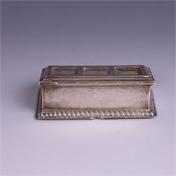 Late Victorian silver mounted stamp box, the hinged lid with three glazed panels, hallmarked Grey & Co, London 1900, together with a late Victorian silver hair comb and a cased set of six silver coffee spoons