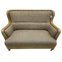 Harris Tweed - Two seat sofa, upholstered in tweed fabric and tan leather, with studded detail