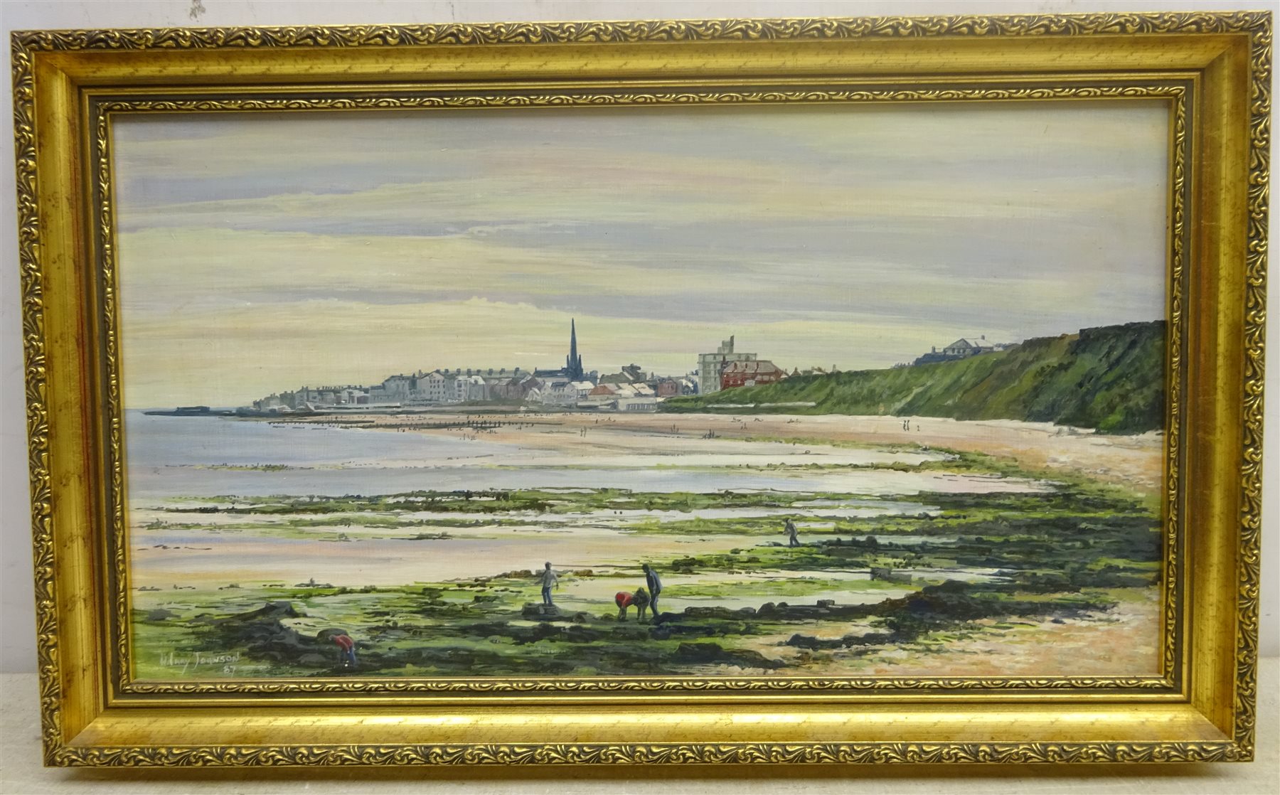 Hilary Johnson (British 20th century): Rock Pooling at Bridlington, oil on board signed, and Michael Major (British 20th century): Bathing Machines on the South Bay Scarborough, oil on canvas signed and dated '82, 35cm x 98cm