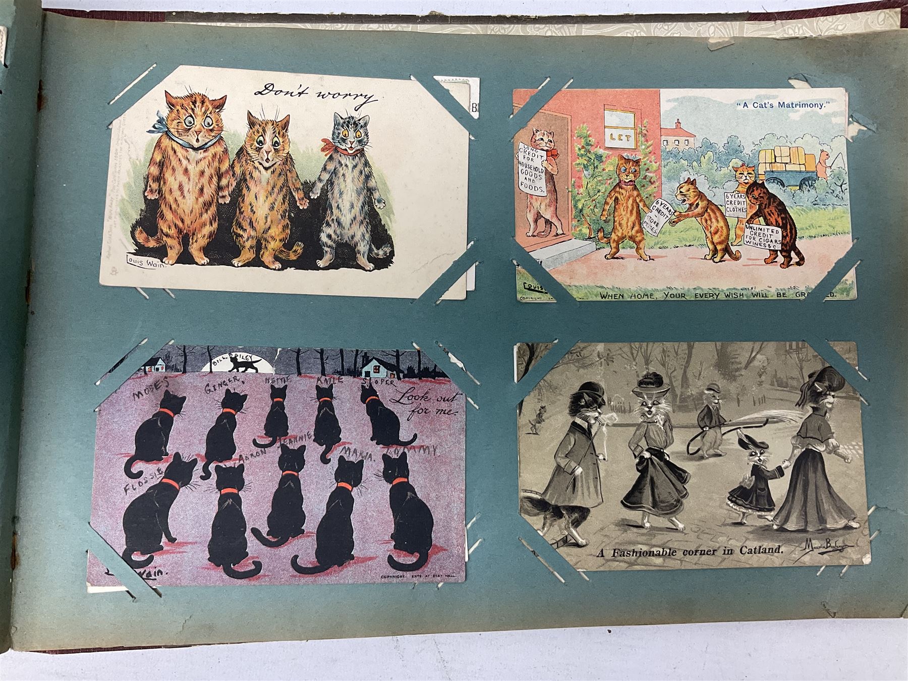 Album containing approximately four hundred Edwardian and later postcards including three Louis Wain, comic cards by Tom Browne, Phil May etc, British and Foreign topographical including real photographic and local, Coronation trams, actresses etc; and large quantity of loose postcards including WW1 Belgium views and caricatures, Royalty portraits etc, 