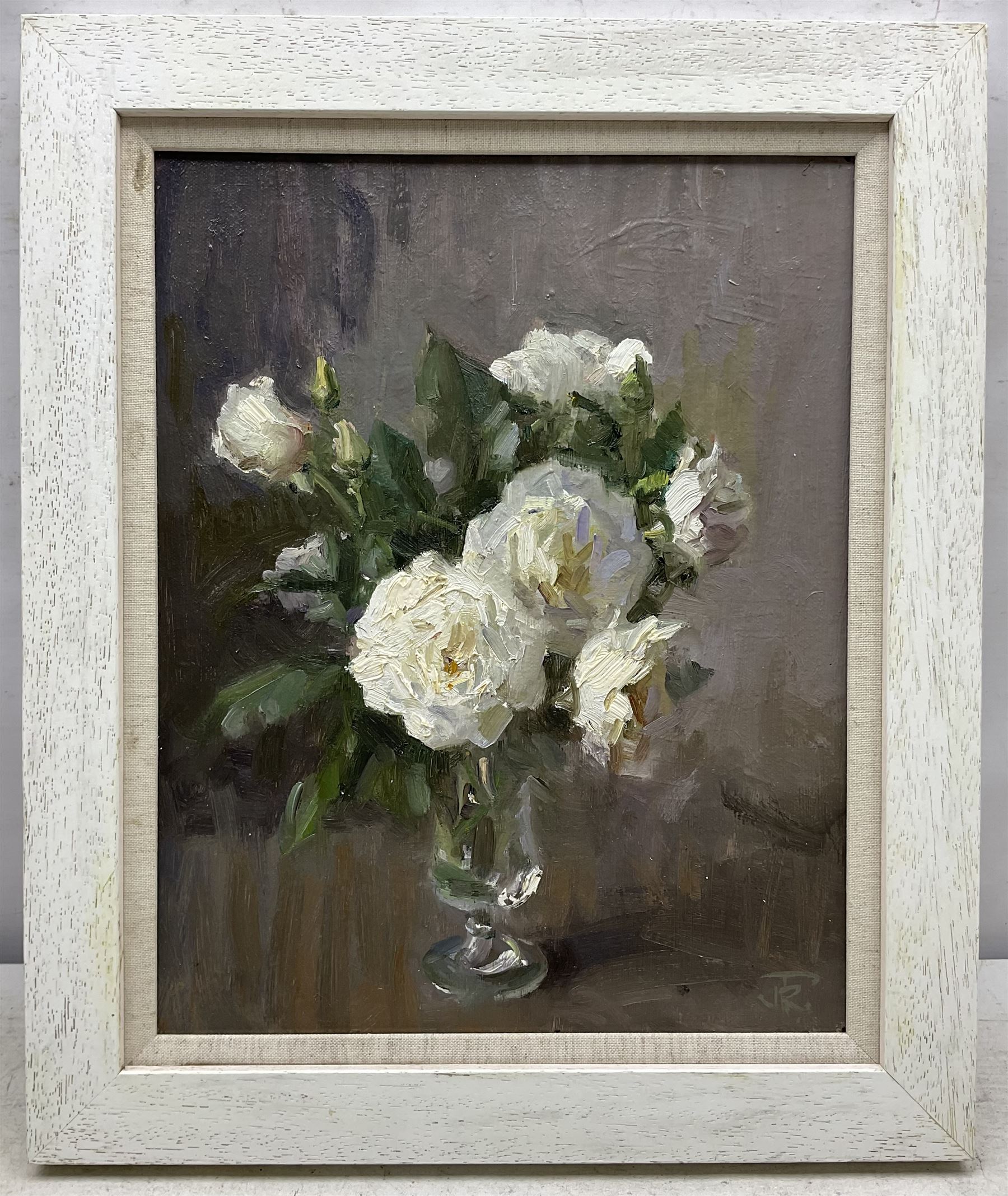 John Richard Townsend (British 1930-): Still Life of White Roses in a Glass, oil on board signed with monogram 37cm x 29cm