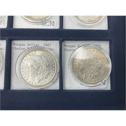 Twelve United States of America silver Morgan dollar coins, dated 1878 S, 1879 S, 1880 S, 1881 S, 1882 O, 1883 O, 1884 O, 1884 CC, 1885 O, 1886, 1887 and 1888